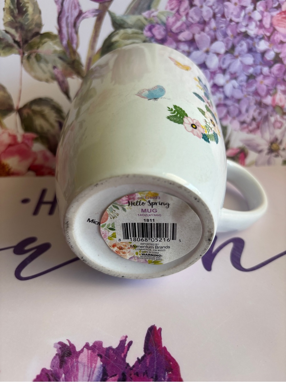 Mug/Letter J White Ceramic Floral Butterfly Mug with Mint Interior - Picture 4 of 6